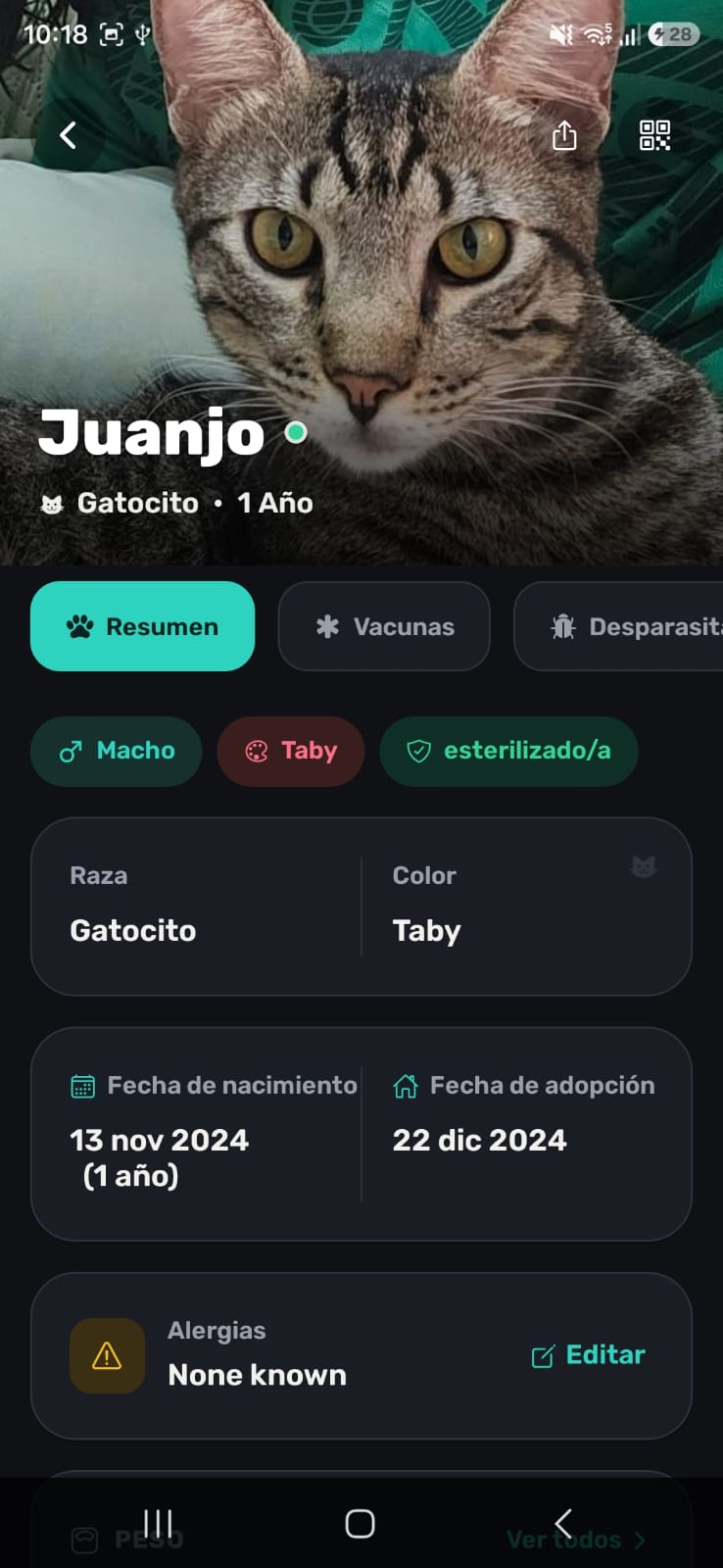 Paw ID pet profile screen showing health carnet details