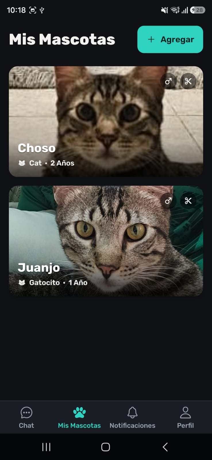 Paw ID pet list screen in dark mode showing two cat profiles